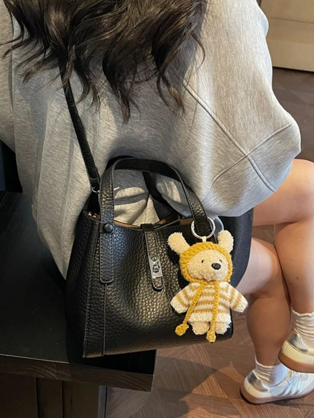 Bucket Crossbody Bag with Bear Charm