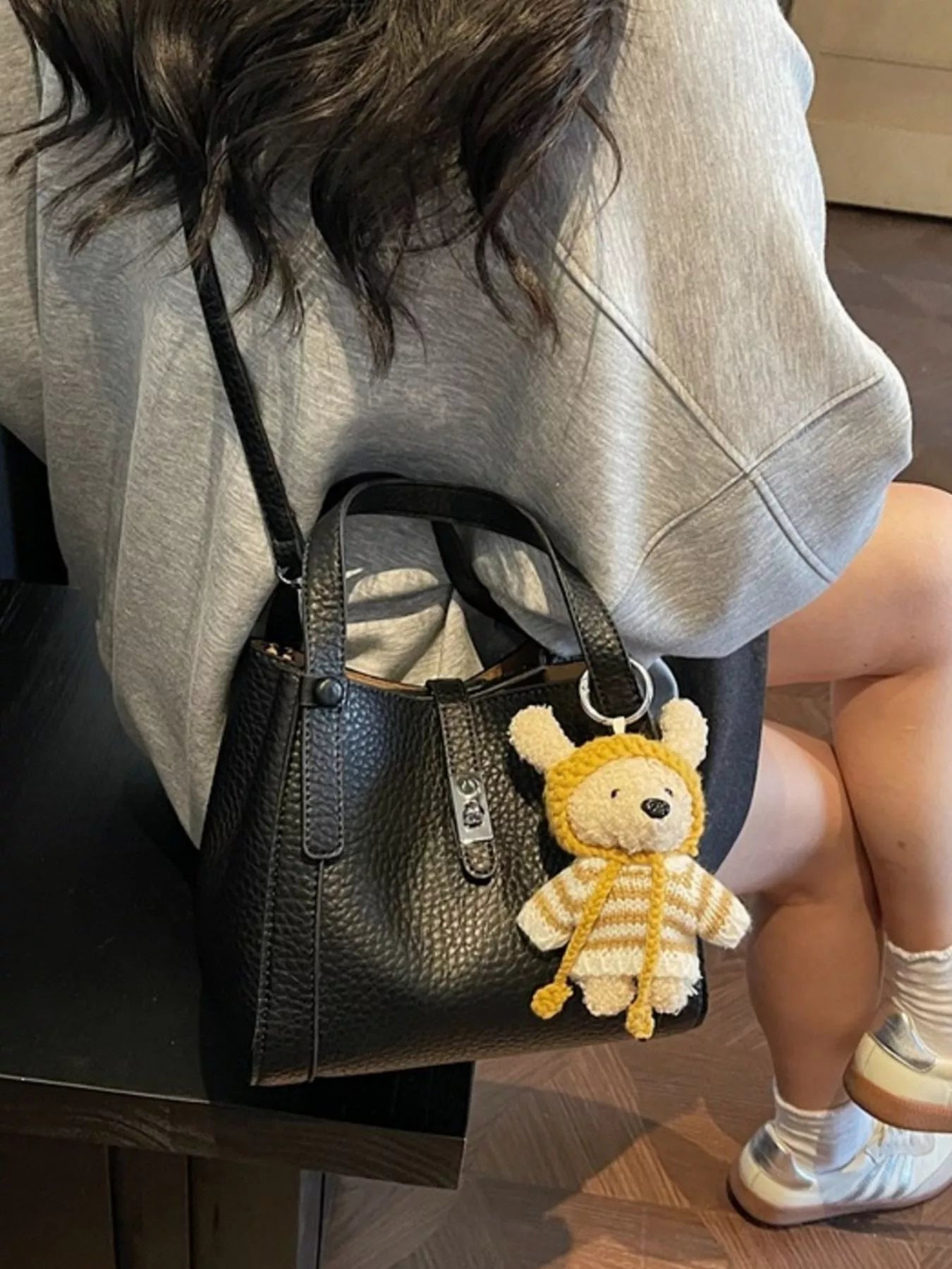 Bucket Crossbody Bag with Bear Charm