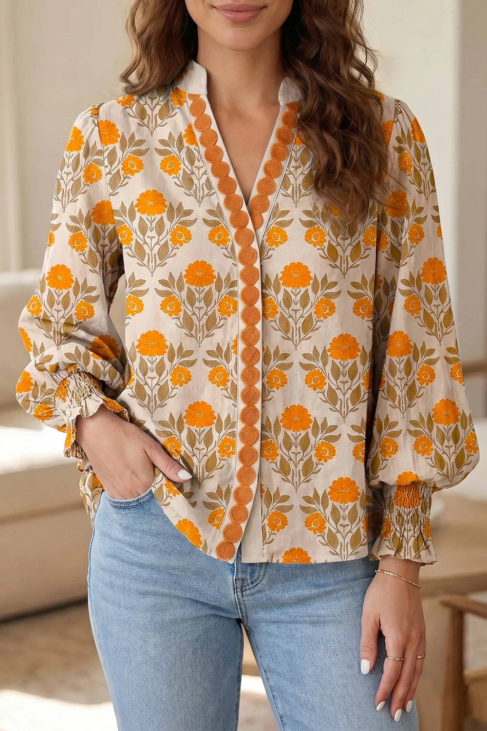 Floral Print V Neck Long Sleeve Top