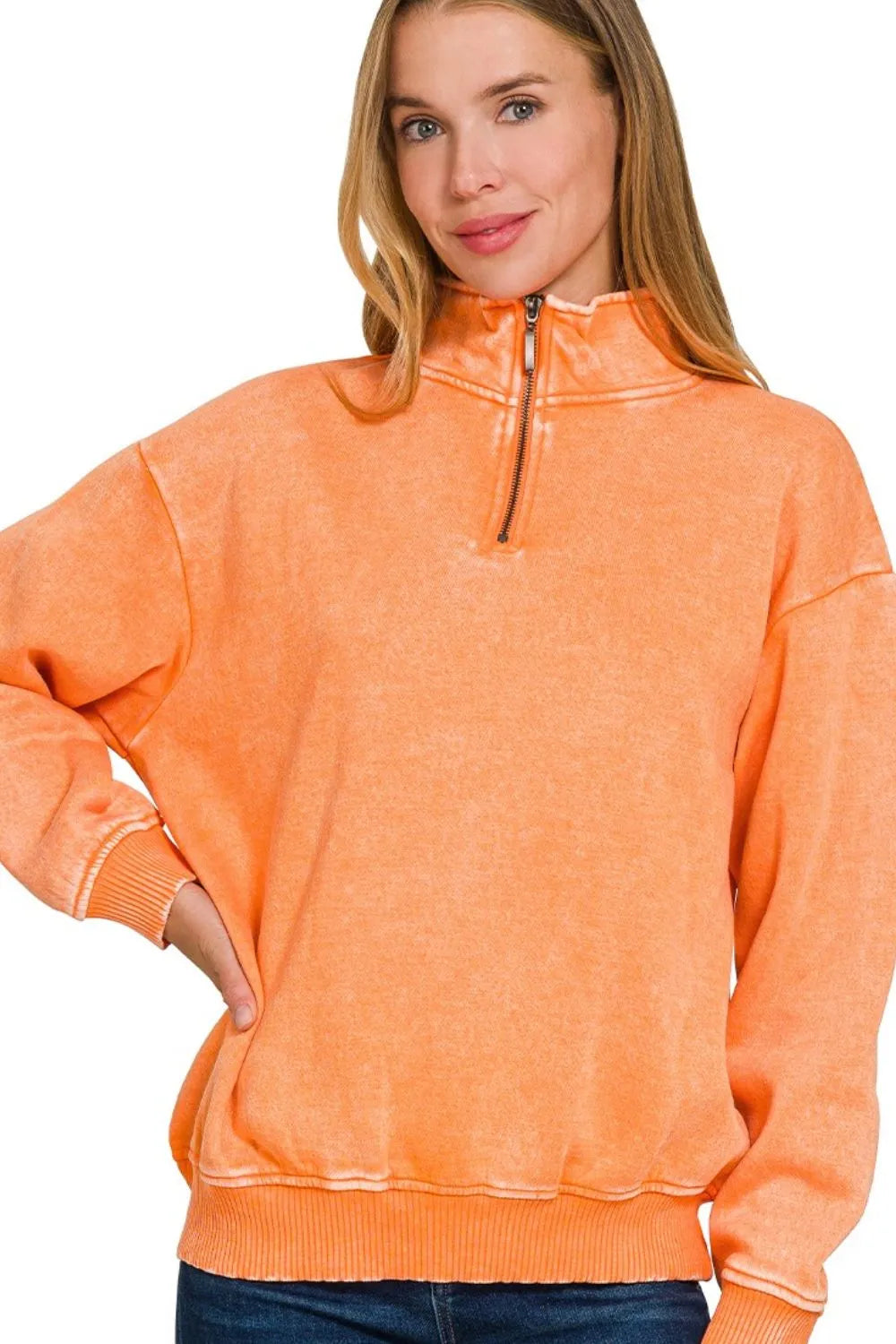 Zenana Acid Wash Fleece Quarter Zip Pullover Sweatshirt
