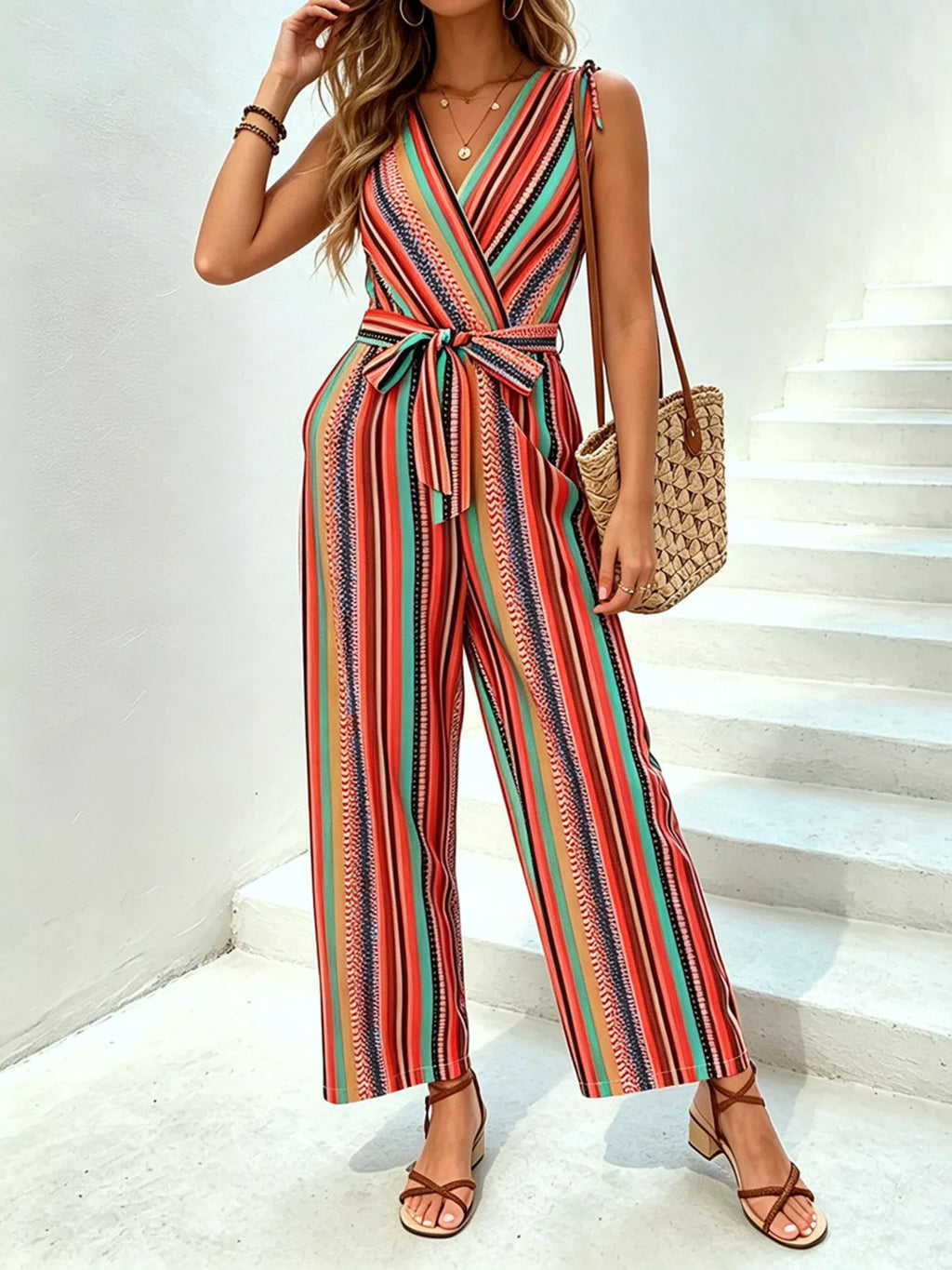 Striped Wide-Leg Jumpsuit with Tie Waist