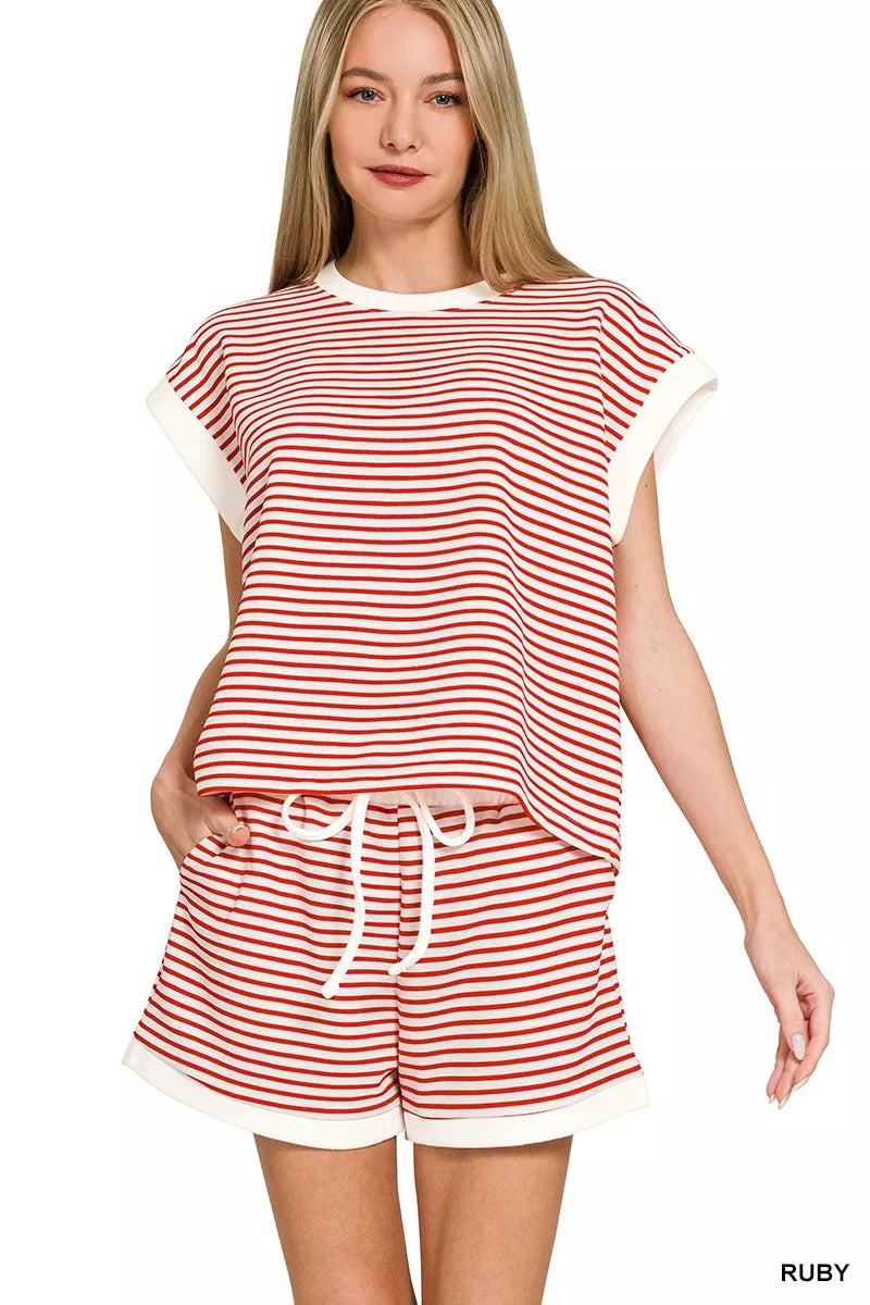Zenana Stripe Contrast Trim Top & Shorts Set