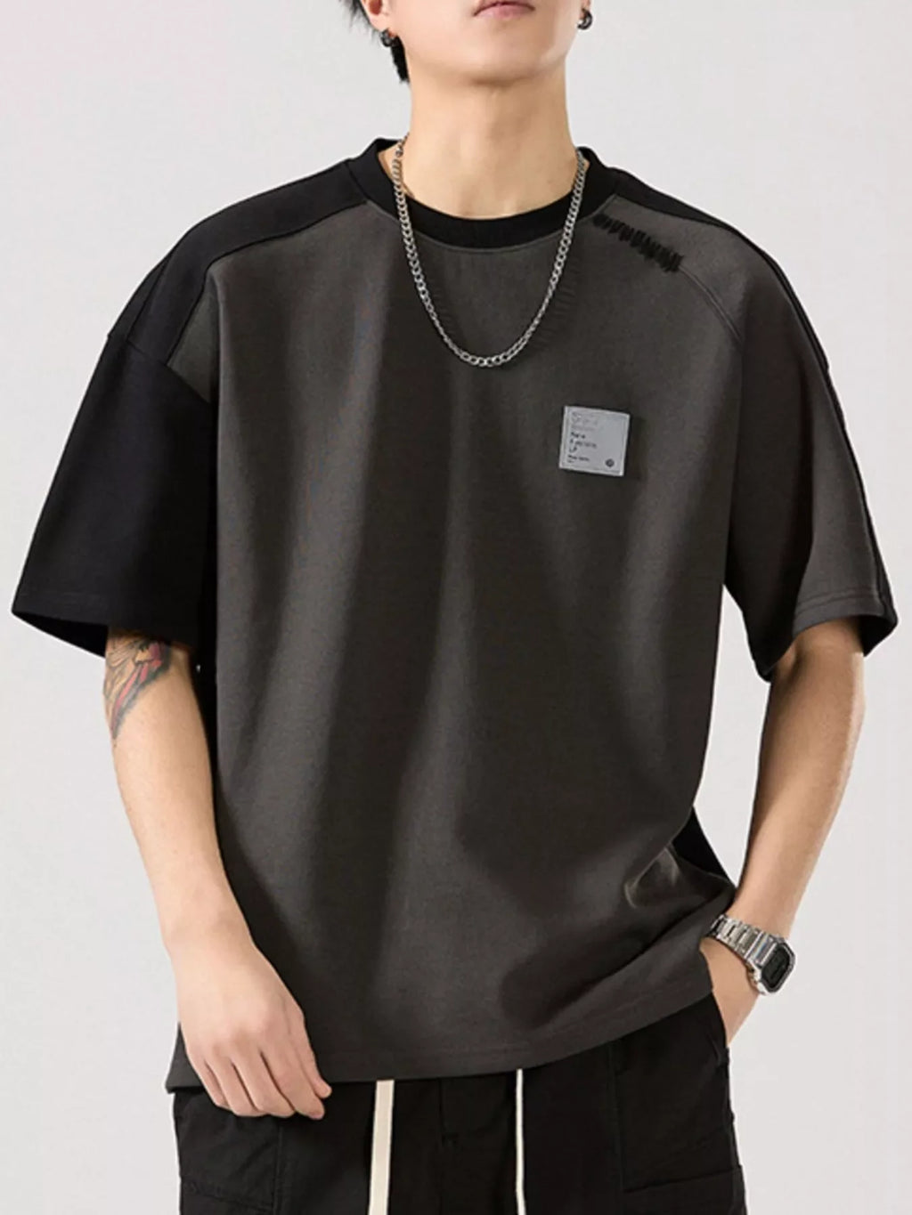 Men's Full Size Contrast Round Neck Short Sleeve T-Shirt Plus Size