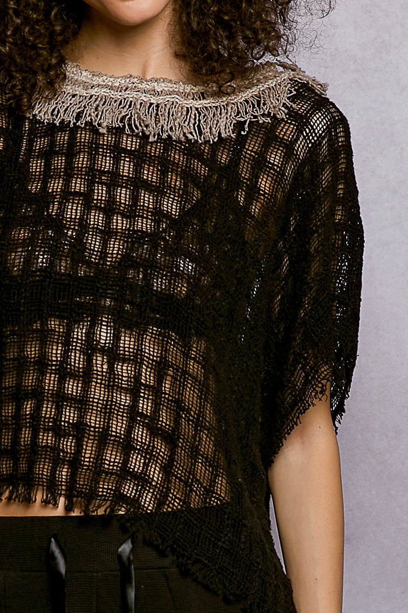 POL Texture Raw Hem Round Neck Short Sleeve Top