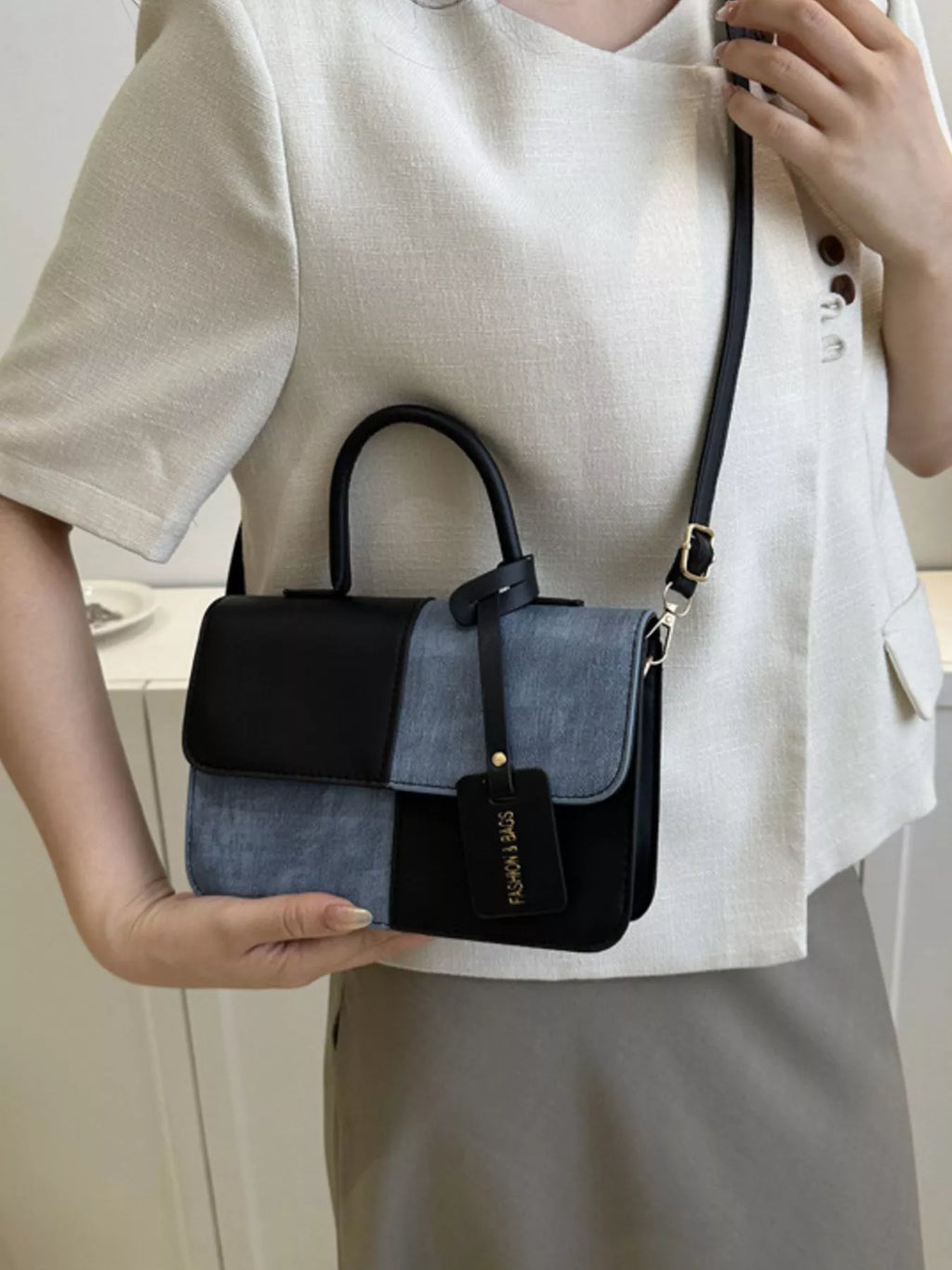 Two-Tone PU Leather Crossbody Bag