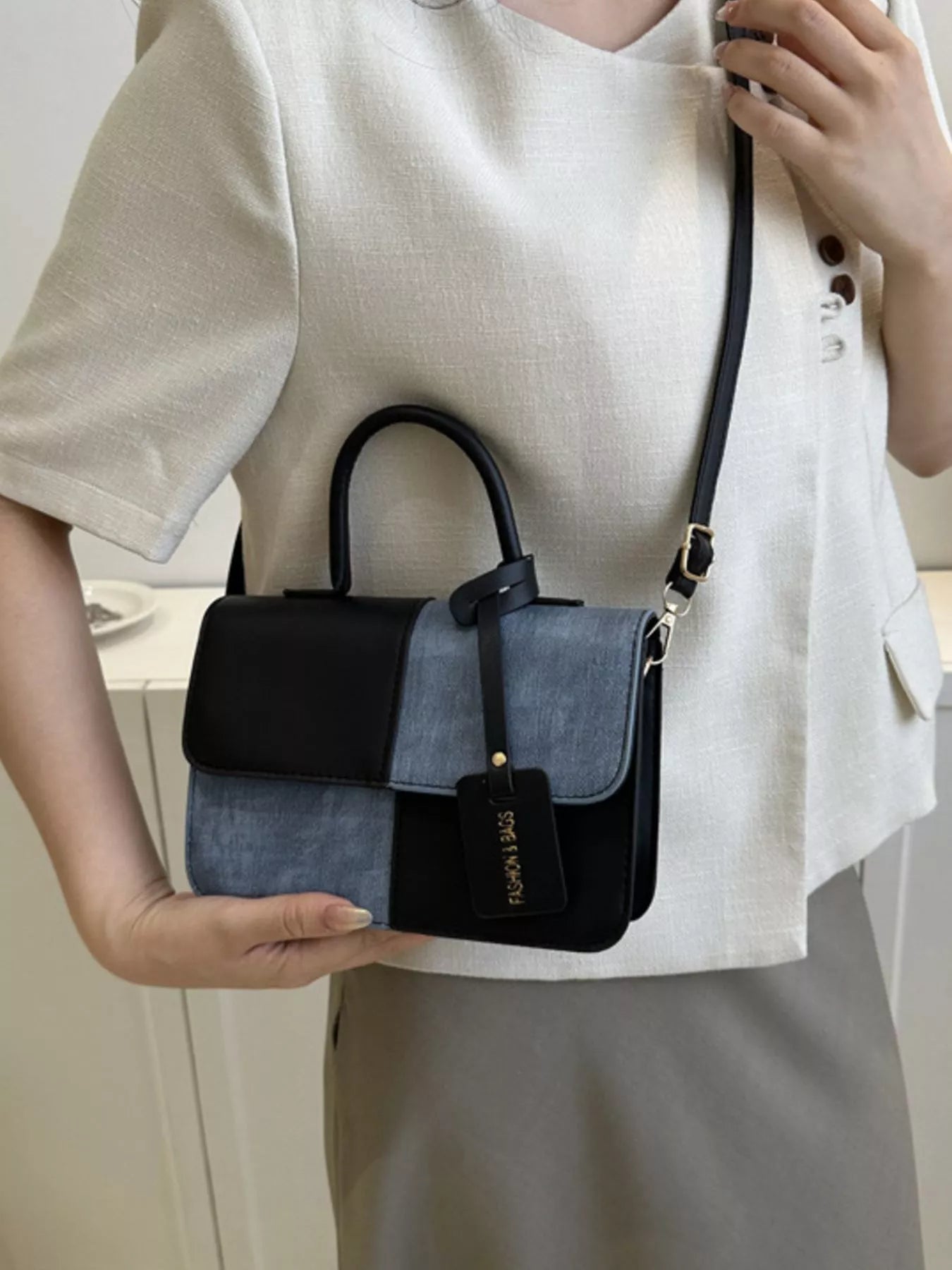 Two-Tone PU Leather Crossbody Bag