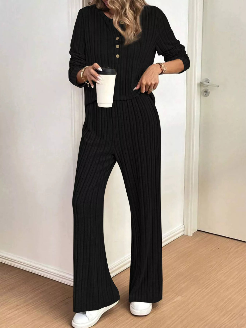 Plus Size Ribbed Knit Button-Front Top and Pants Set