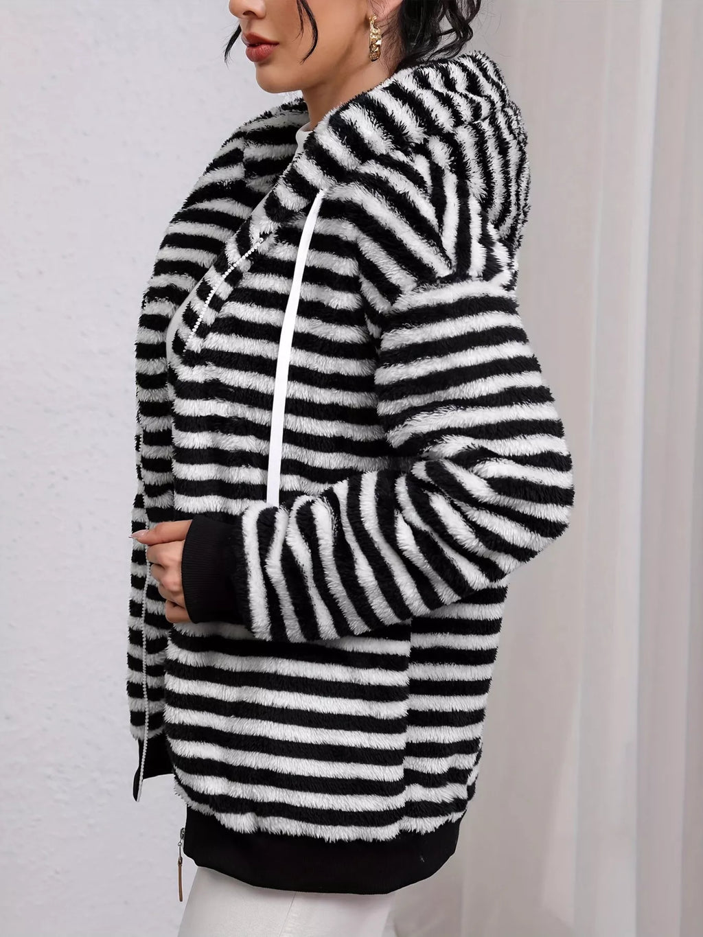 Striped Plush Zip-Up Hooded Outerwear