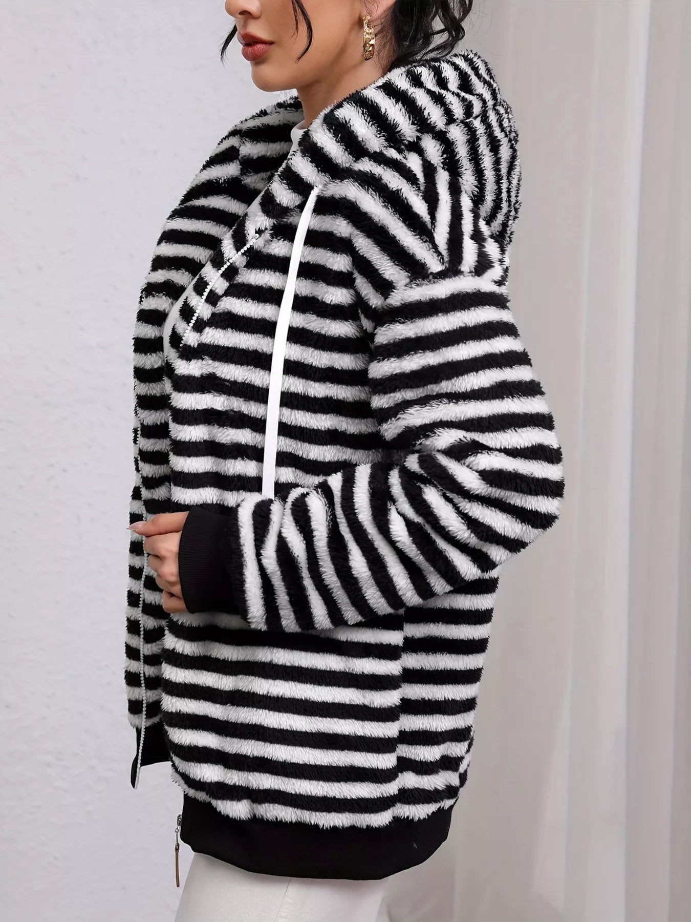 Striped Plush Zip-Up Hooded Outerwear