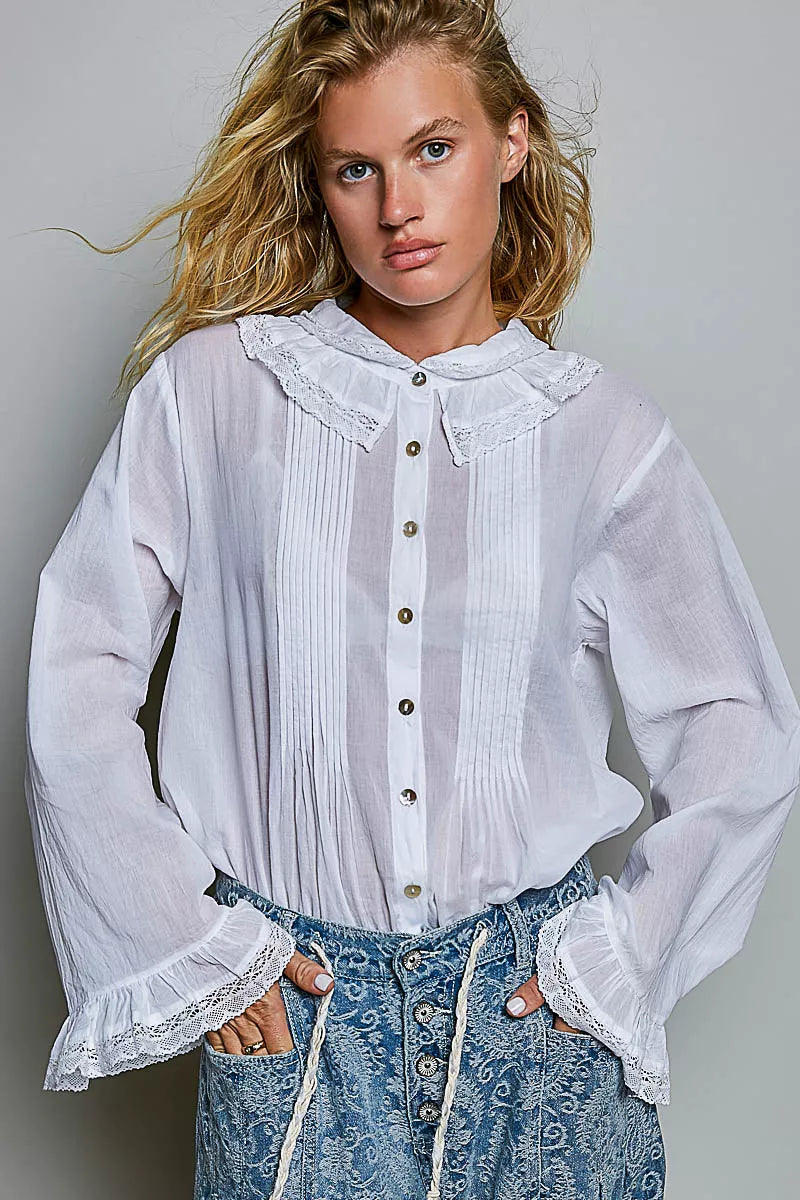 POL Woven Lace Trim Pintuck Button-Down Shirt