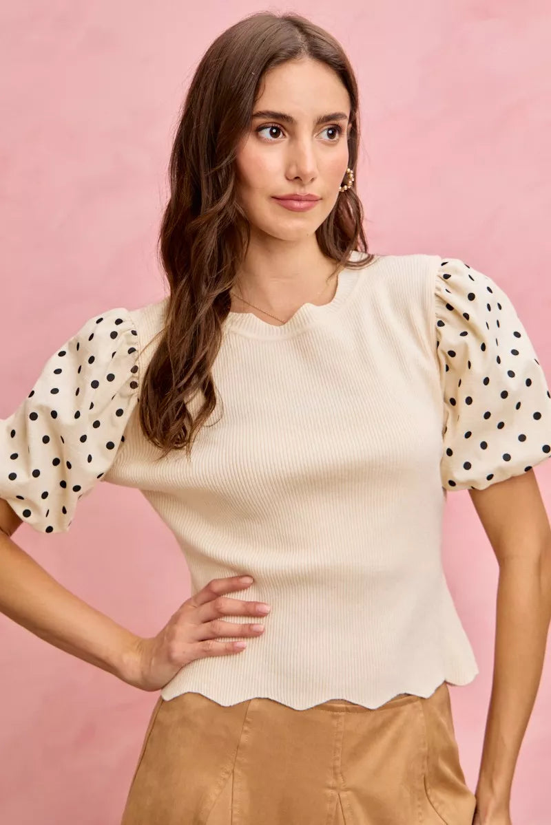 SO ME Polka Dot Contrast Woven Ballon Sleeve Blouse
