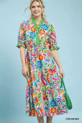 Umgee Mix Floral Midi Dress with Ruffle Trim