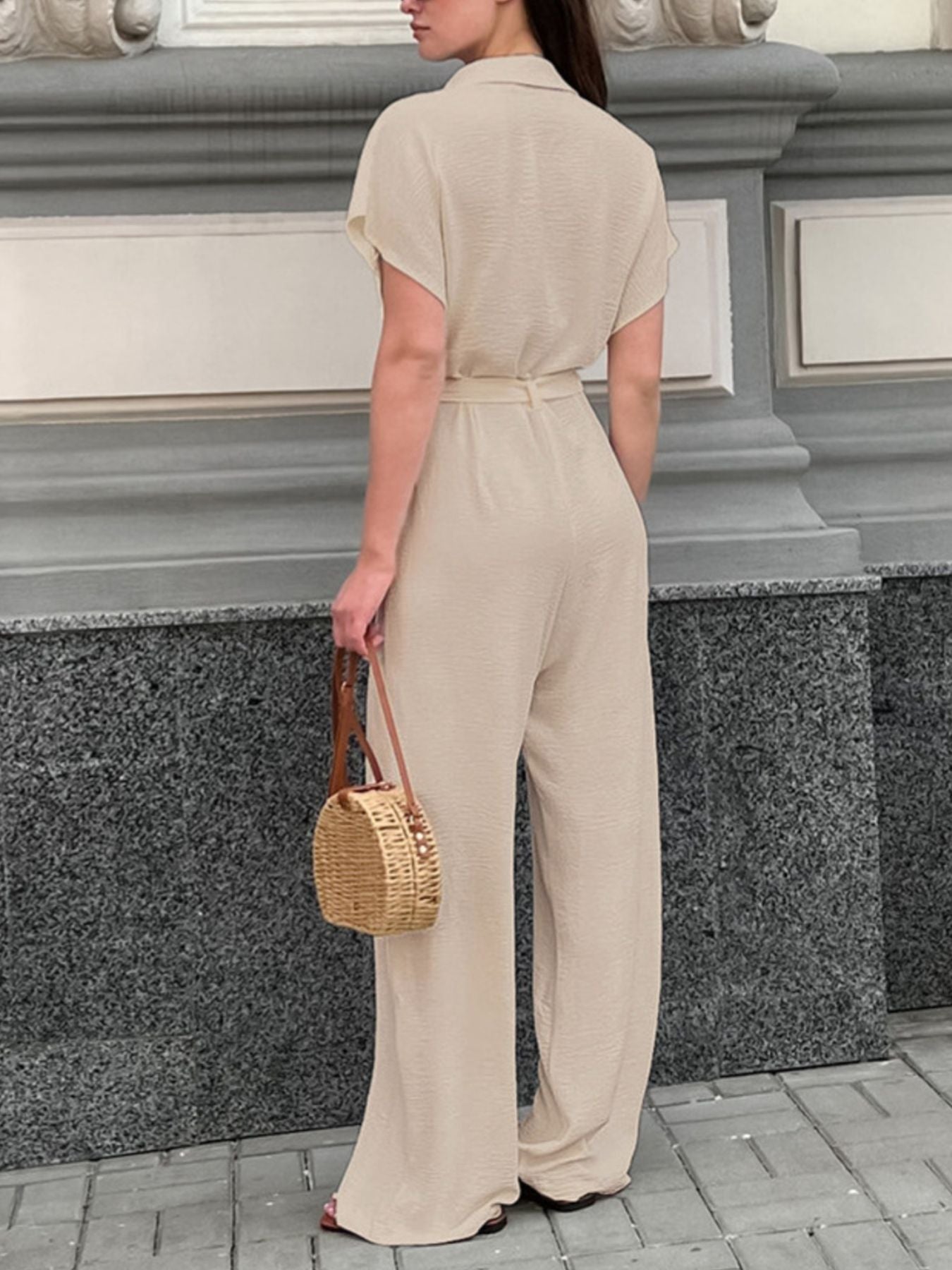 Chest Pocket Short Sleeve Wide Leg Jumpsuit