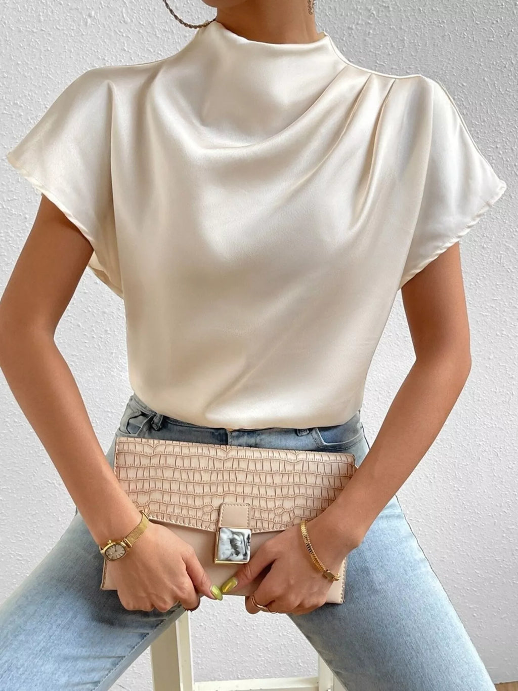 Mock Neck Satin Blouse