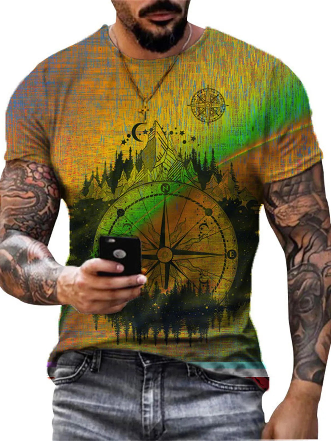 Men's Full Size Artistic Compass Graphic Round Neck T-Shirt Plus Size