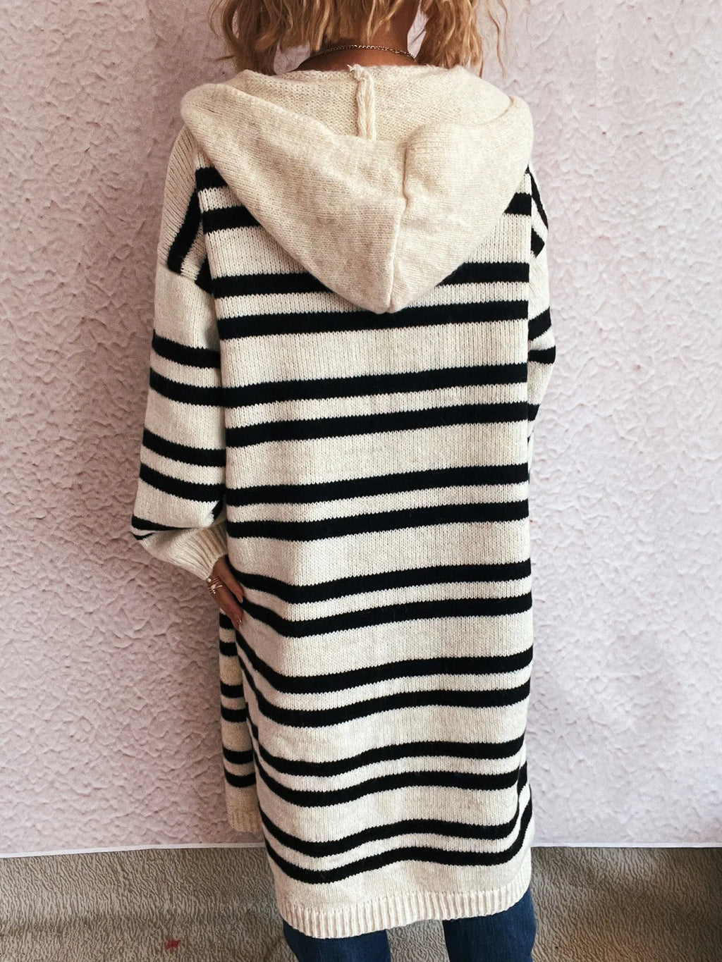 Striped Open Front Hooded Cardigan