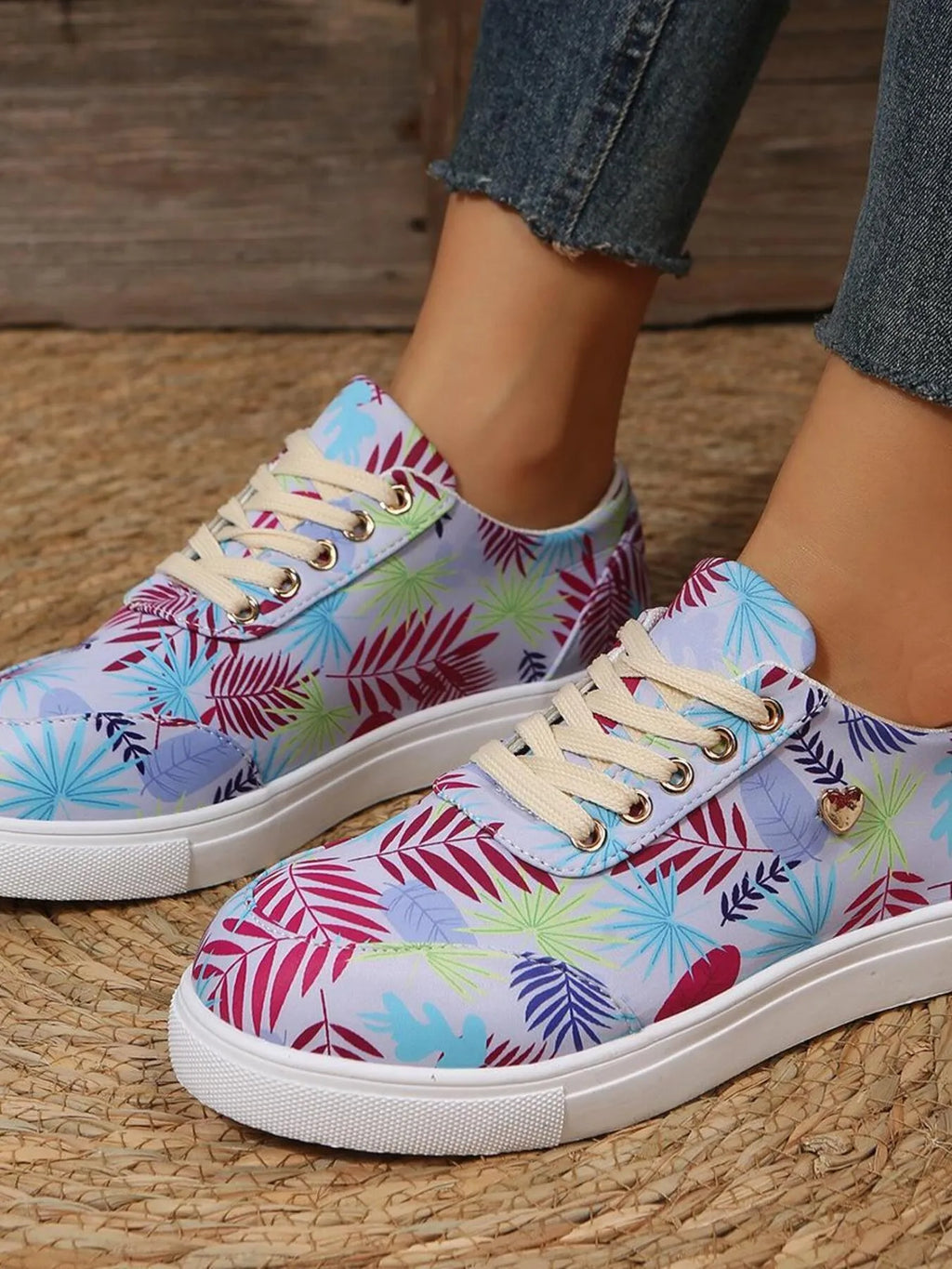 Tropical Leaf Print Canvas Sneakers