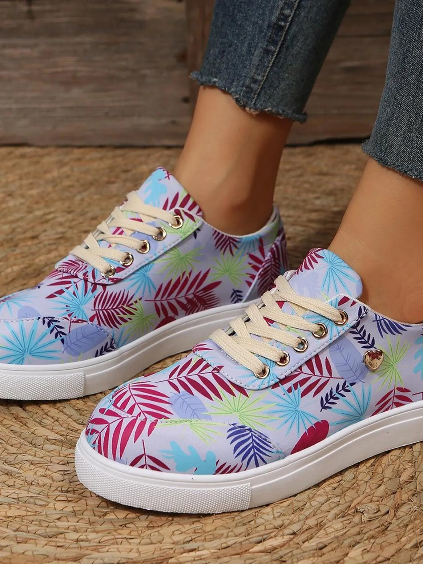 Tropical Leaf Print Canvas Sneakers