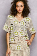 POL Button Front V-Neck Crochet Cardigan with Contast Star