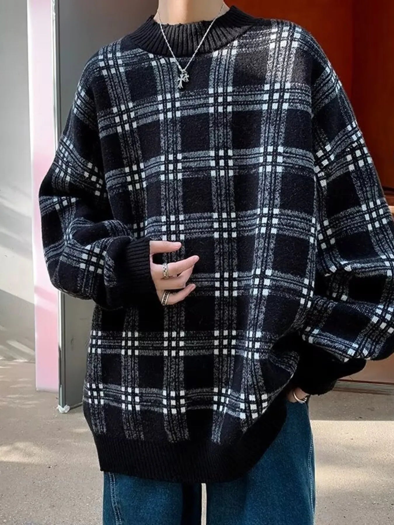 Men's Plaid Round Neck Long Sleeve Sweater