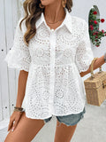 Eyelet Solid Collared Neck Half Sleeve Shirt