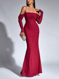 Glitter Ruched Long Sleeve Mermaid Maxi Dress