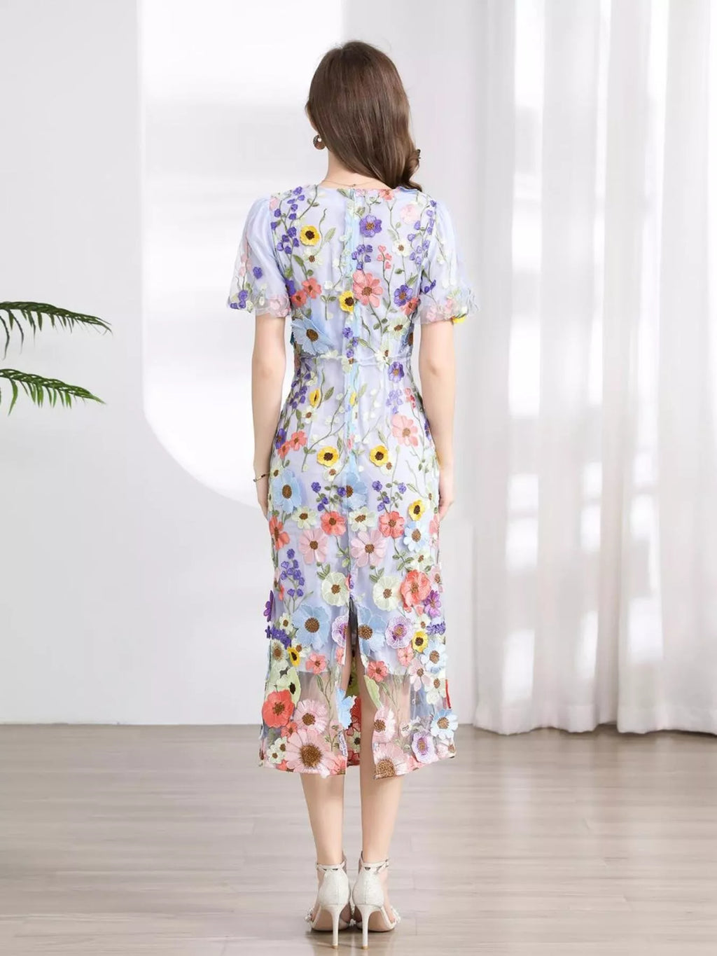Floral Embroidered Puff Sleeve Midi Dress