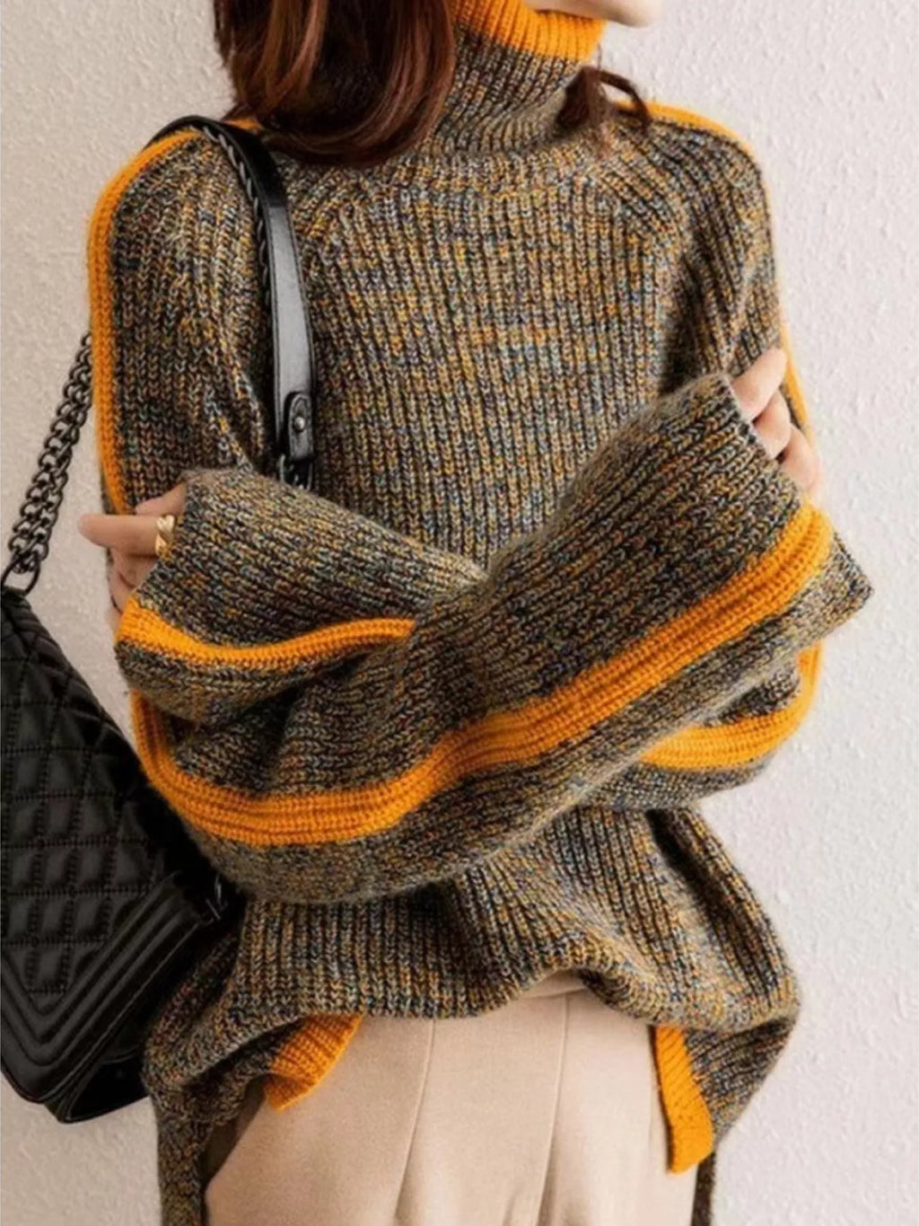 Contrast Trim Turtleneck Long Sleeve Sweater