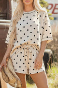 Exposed Seam Detail Polka Dot Loose Tee Drawstring Shorts Set