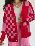 Checkerboard Knit Button-Down Cardigan