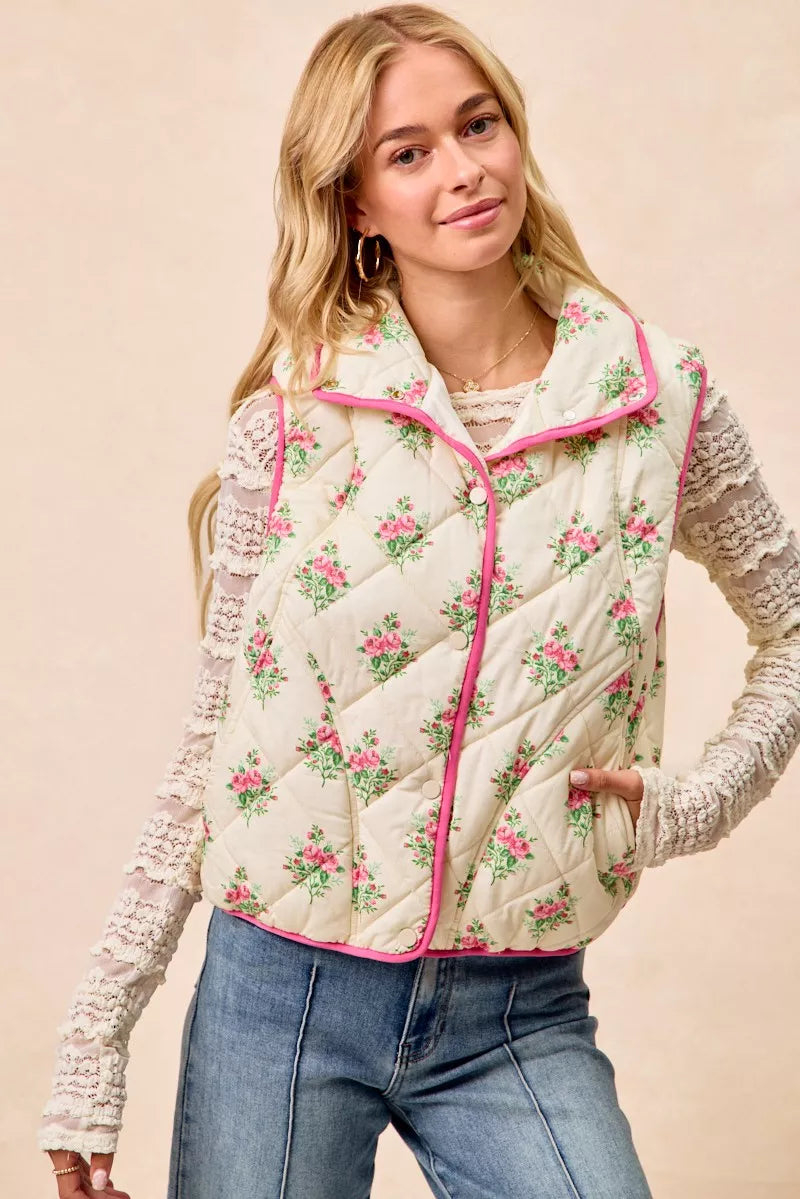 BiBi Floral Print Piping Detail Quilted Vest