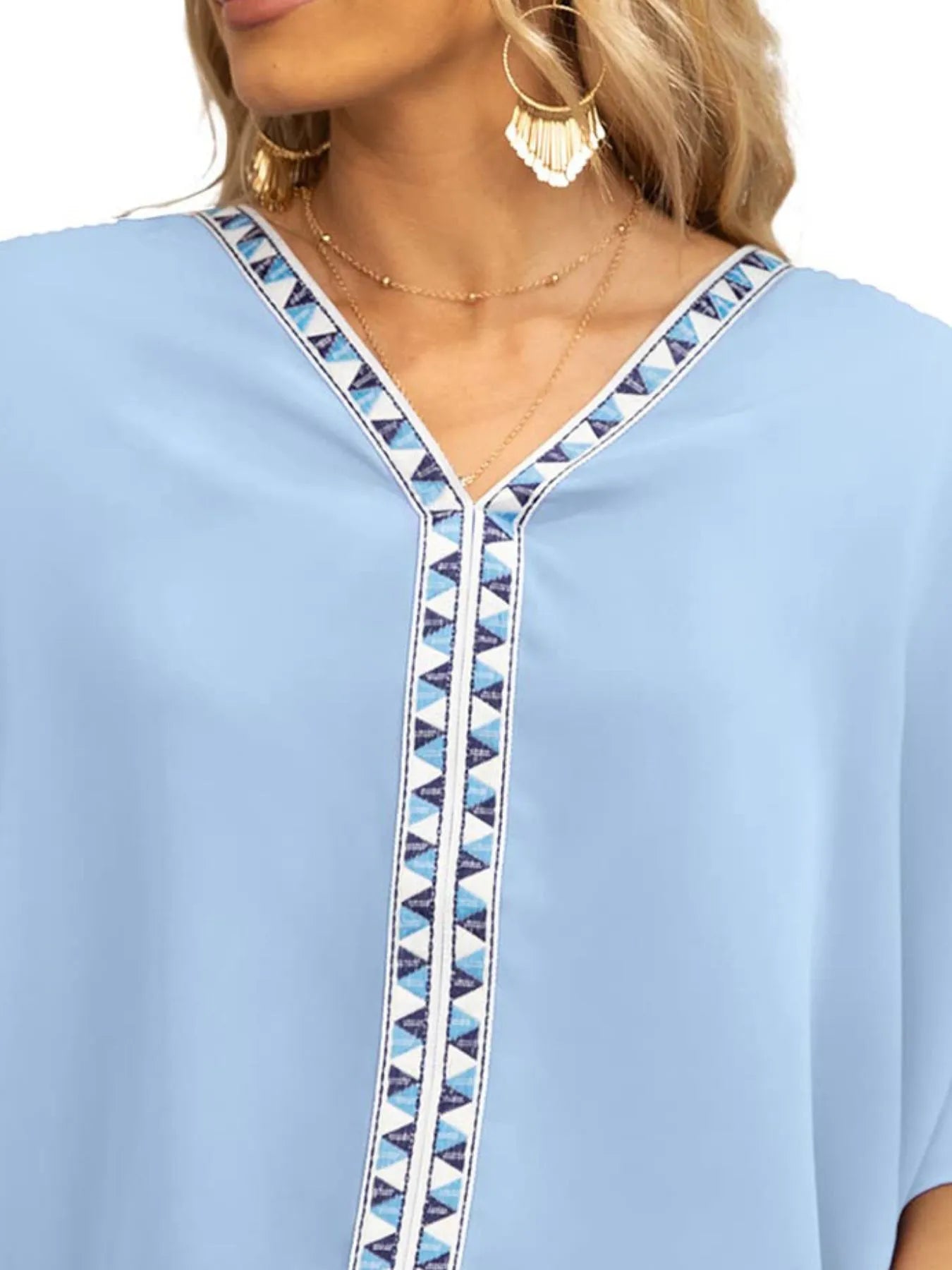 Oversized Contrast V-Neck Half Sleeve Blouse