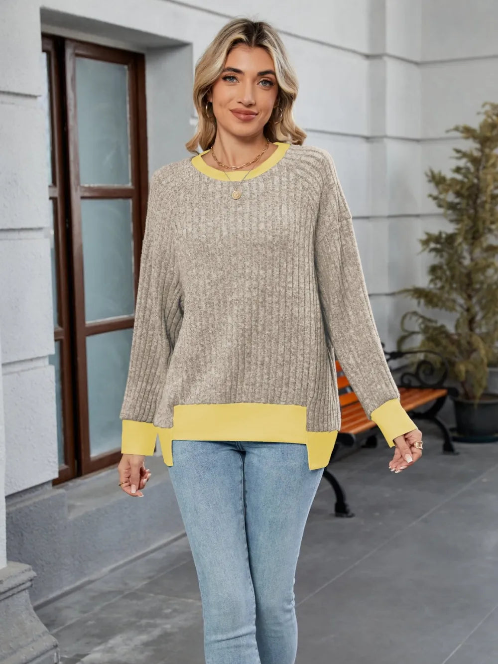 Contrast Trim Round Neck Long Sleeve T-Shirt