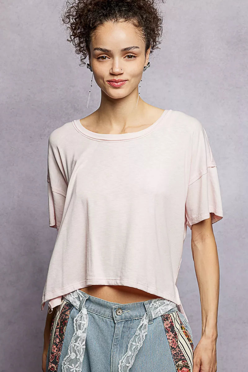 POL Round Neck Short Sleeve T-Shirt with High Low Hem