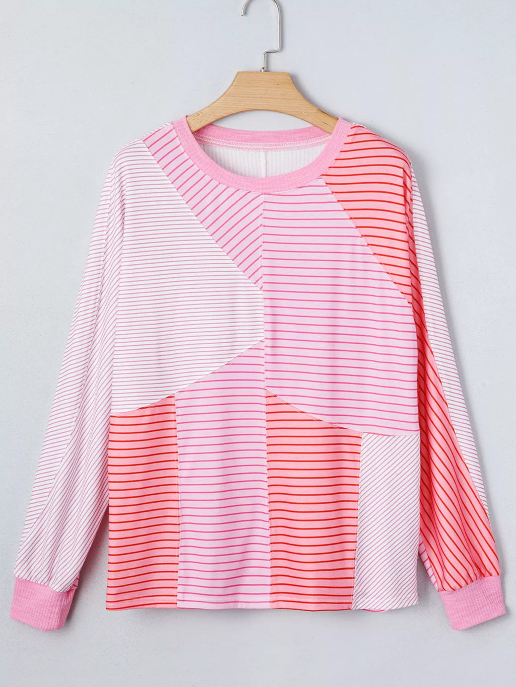 Striped Colorblock Exposed Seam Casual Long Sleeve Top