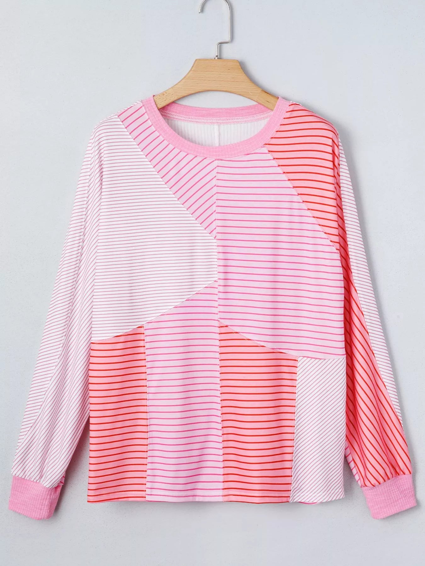 Striped Colorblock Exposed Seam Casual Long Sleeve Top