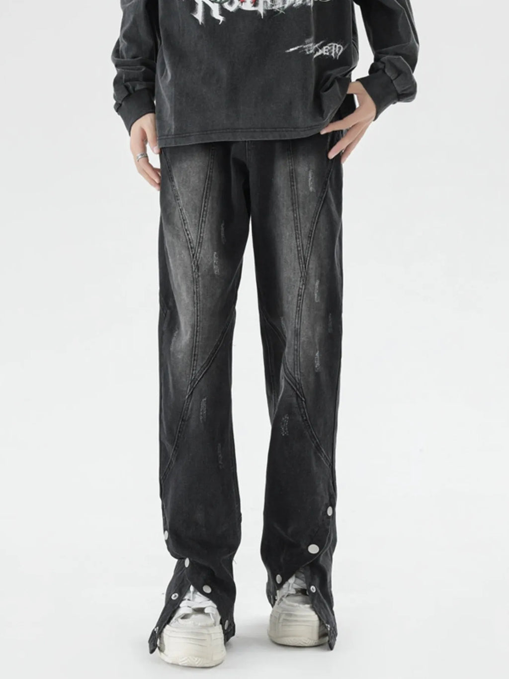 Men's Plus Size Washed Flare Jeans with Snap-Down Hem