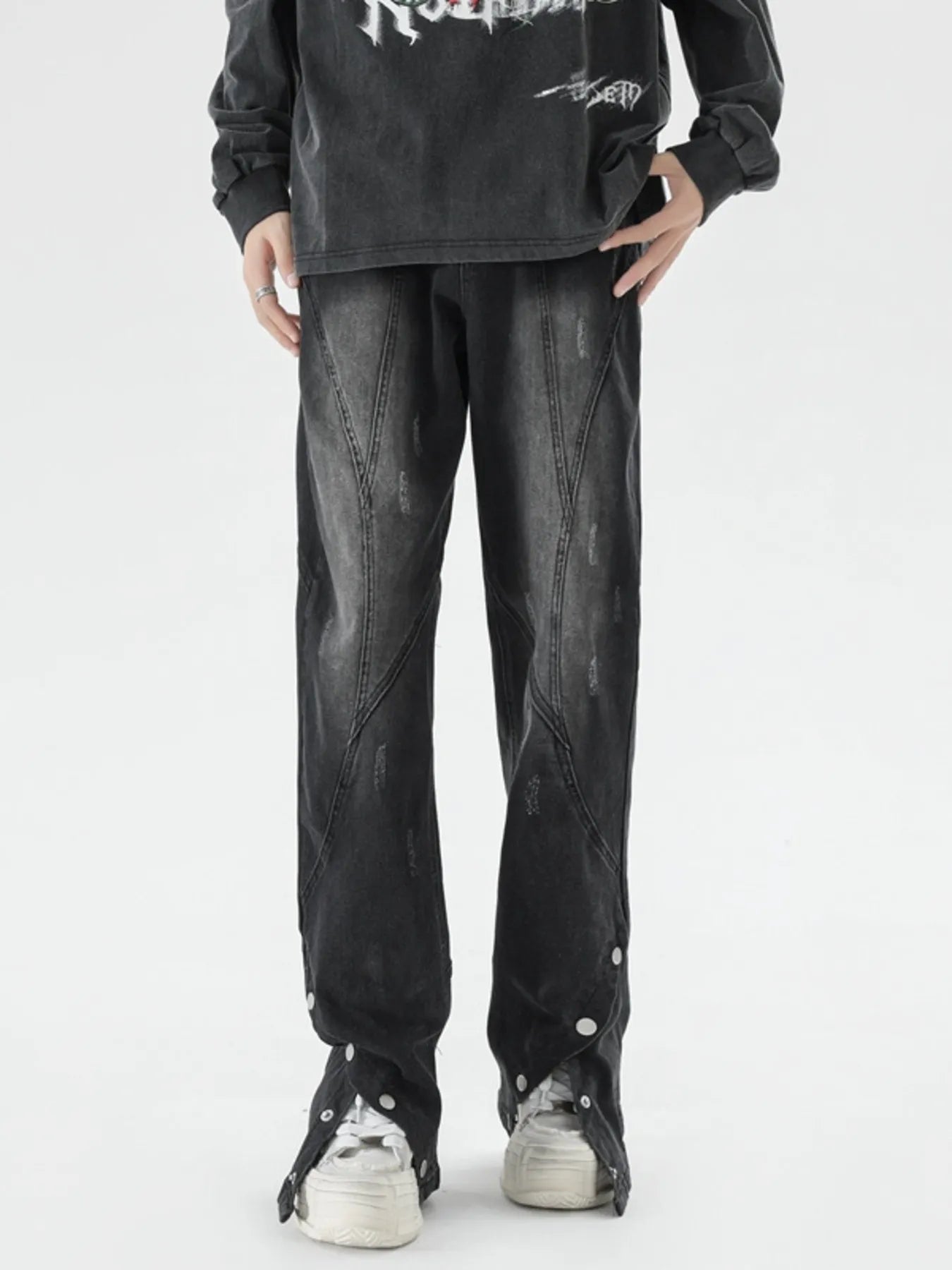 Men's Plus Size Washed Flare Jeans with Snap-Down Hem