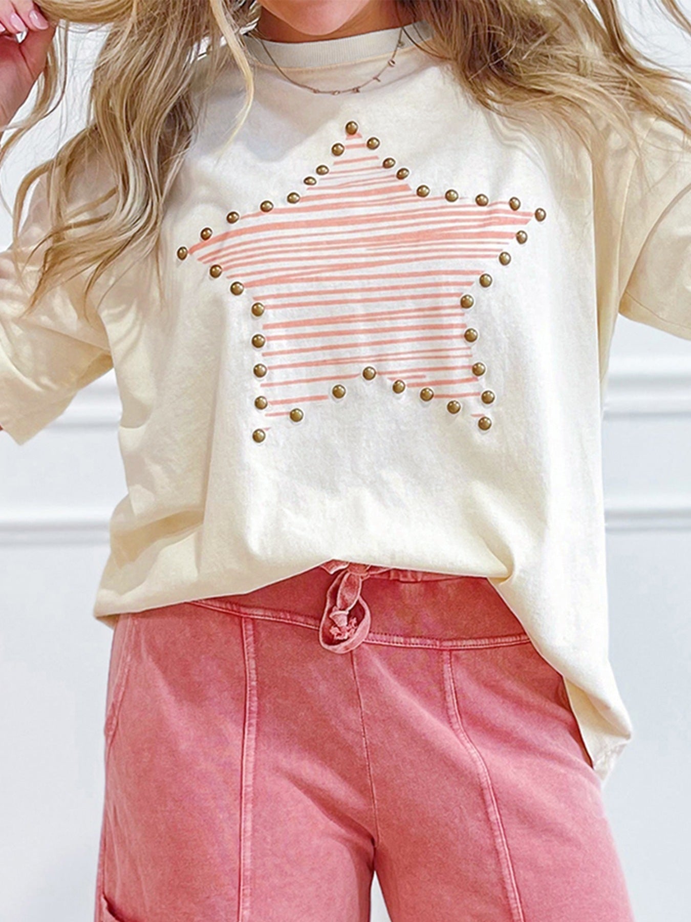 Star Print Stud Detail Cotton Jersey Top