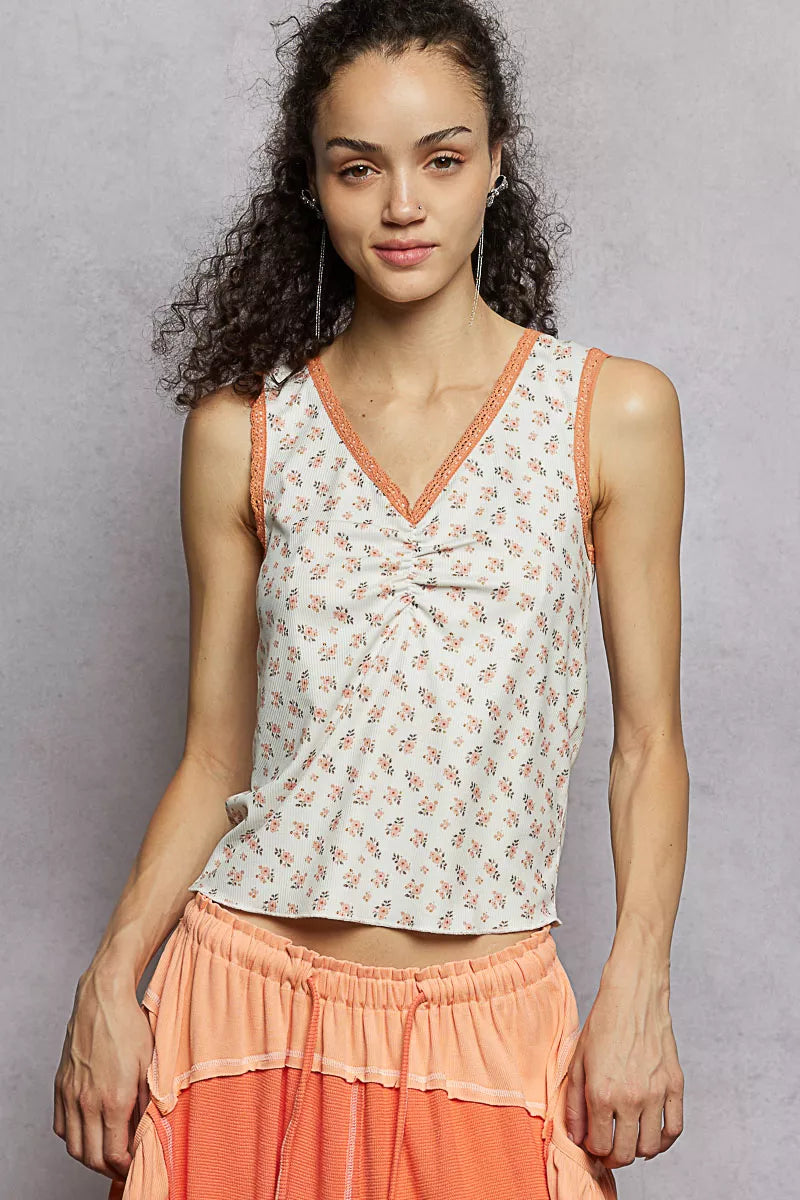 POL Ruched Floral V-Neck Tank with Lace Detail