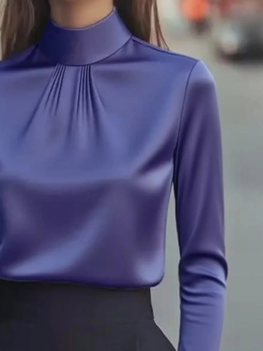 Mock Neck Long Sleeve Blouse with Pleated Detail
