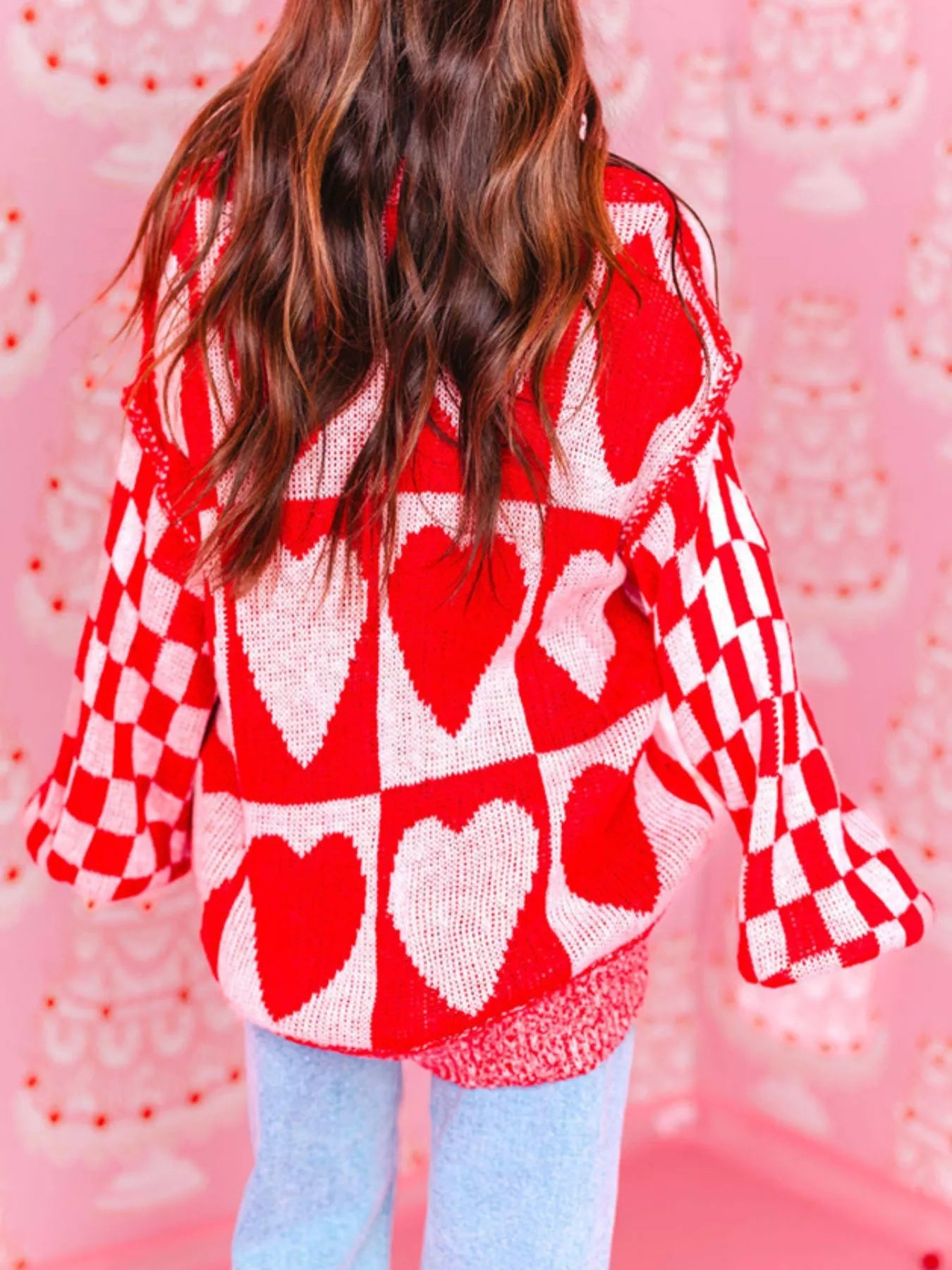 Heart Pattern Checkerboard Knit Sweater