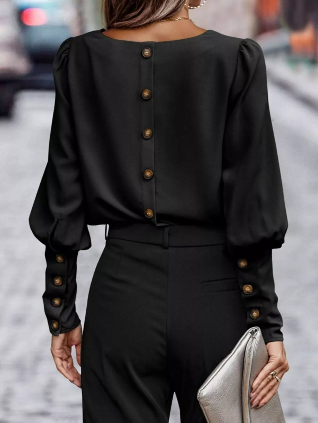 Back Button Lantern Sleeve Blouse