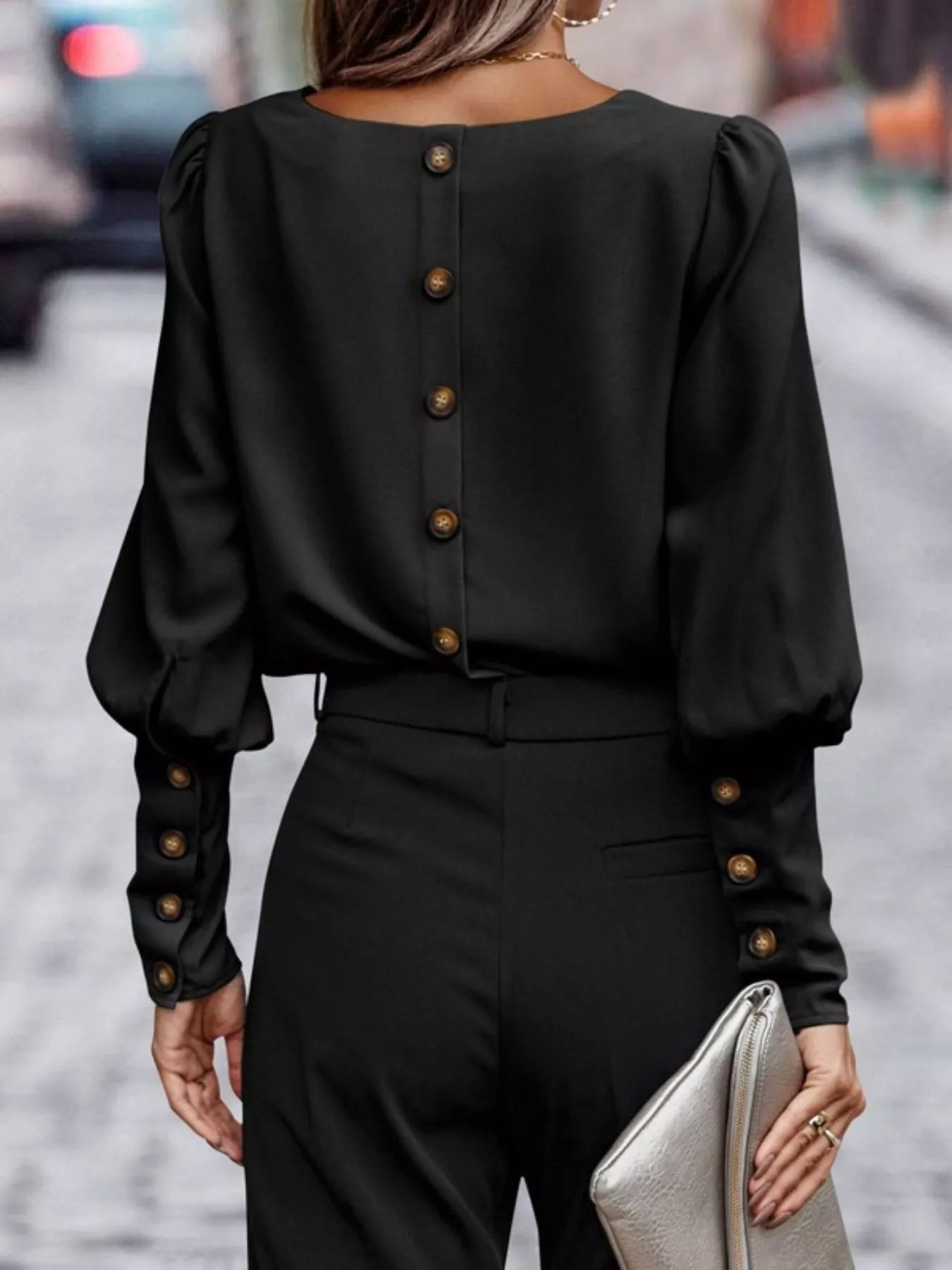 Back Button Lantern Sleeve Blouse