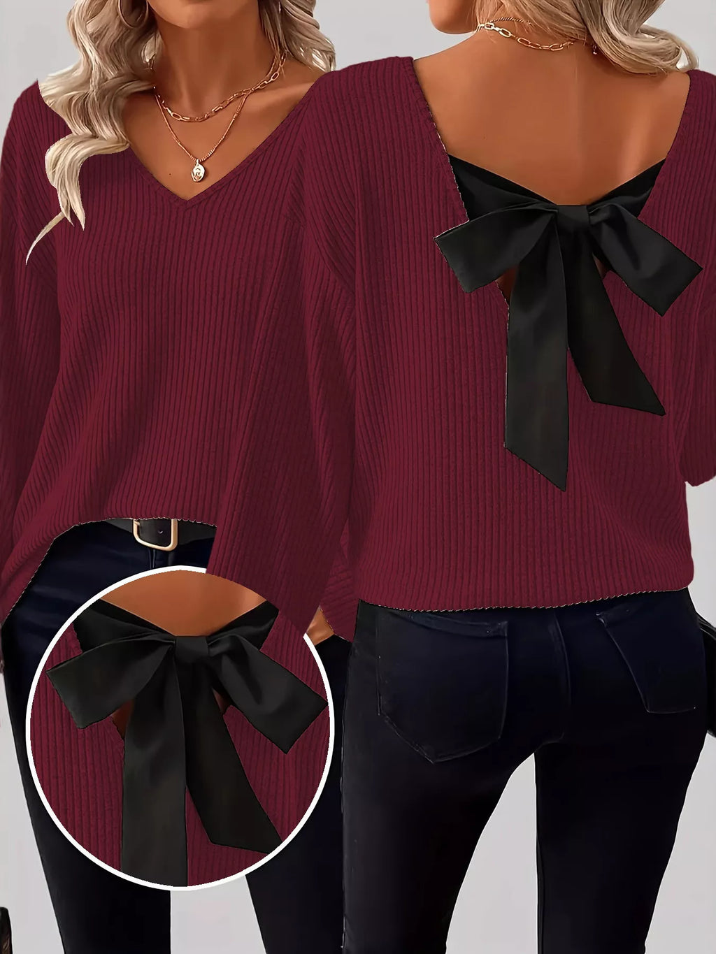 Full Size Ribbed Knit Backless Bow T-Shirt Plus Size