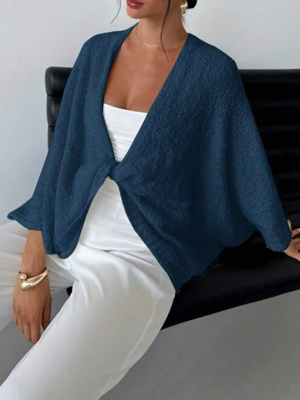 Twist-Front Textured Knit Cardigan