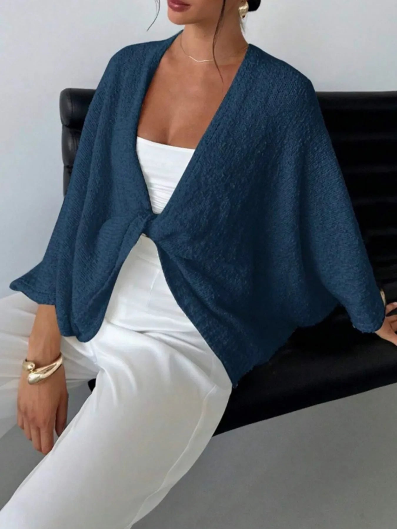 Twist-Front Textured Knit Cardigan
