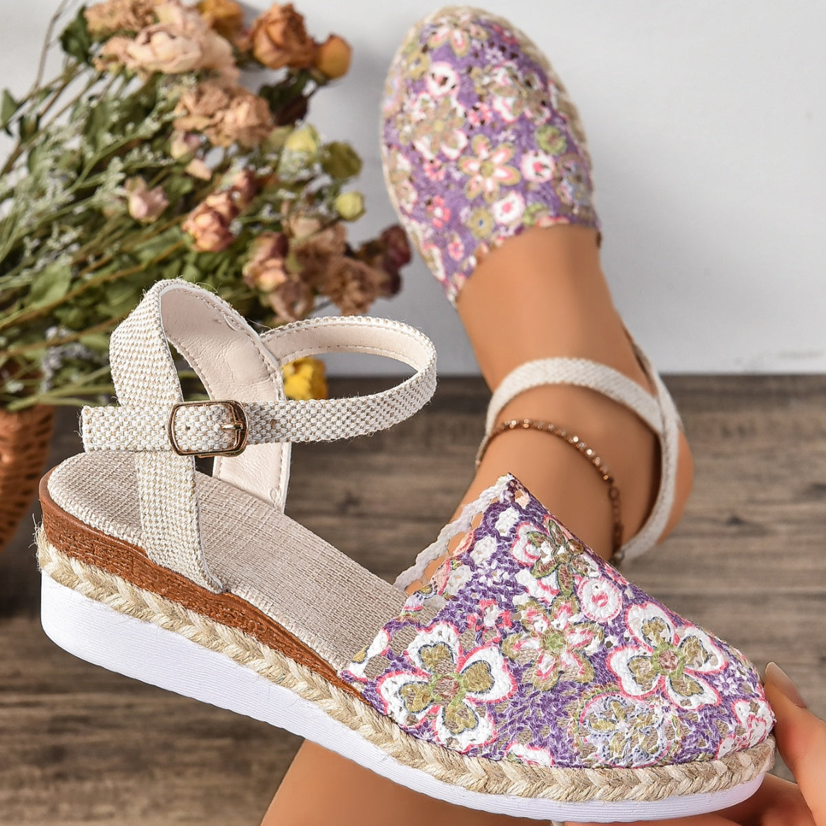Floral Ankle Strap Espadrille Sandals