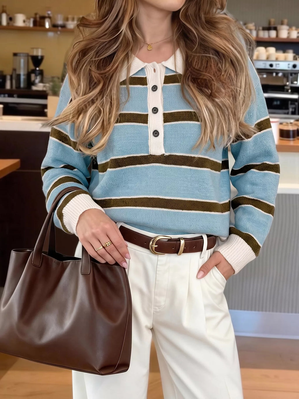 Striped Polo Collar Sweater