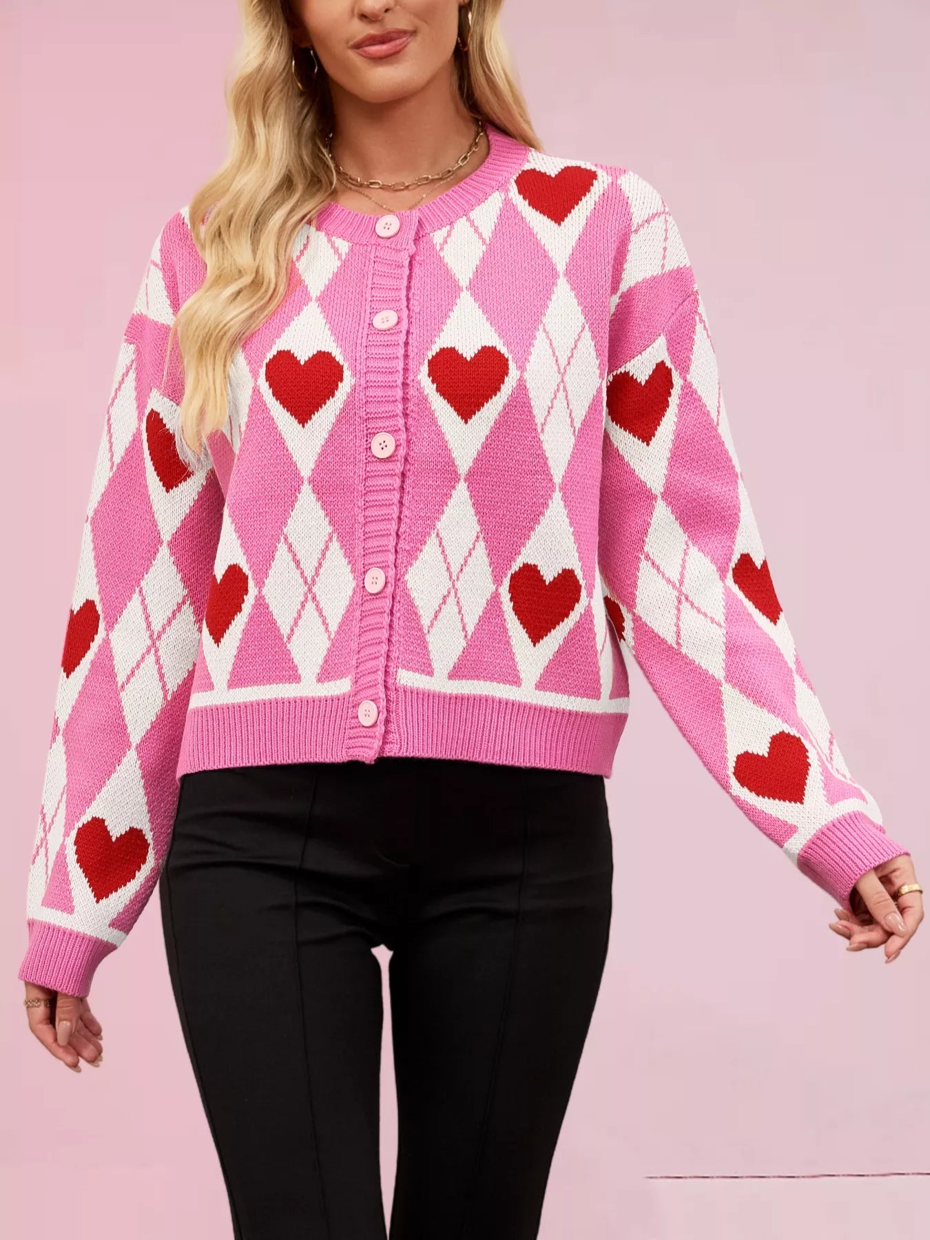 Heart Pattern Button-Up Cardigan